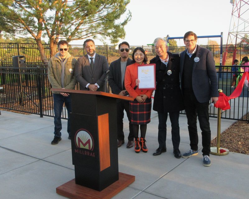 Bob Nguyen at the Millbrae podium with city officials and a certificate presentation at the Bayside Manor Park ribbon cutting